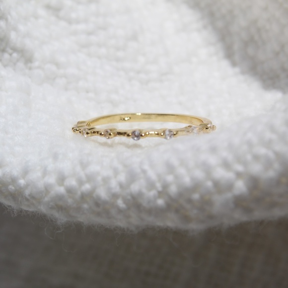 Sterling Silver Gold Band with Simulated Diamond Row - Picture 6 of 10